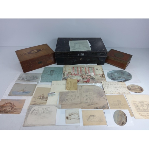 20 - 2 wooden boxes and a metal box containing sketches