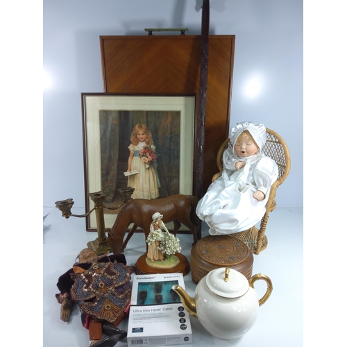 12 - Walking stick, fire screen, picture, puppet, porcelain doll, tea pot and interesting items