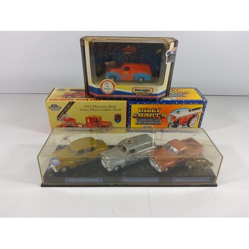 141 - Display case of 3 Holden cars and 3 other boxed model vehicles