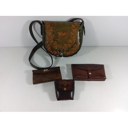 151 - 4 Vintage leather items including swiss leather belt bag