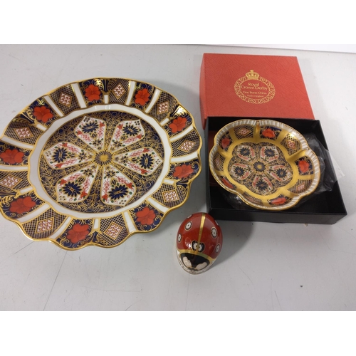 345 - Royal crown derby ladybird (no stopper) plate and boxed dish