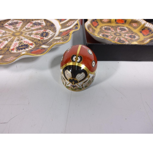 345 - Royal crown derby ladybird (no stopper) plate and boxed dish