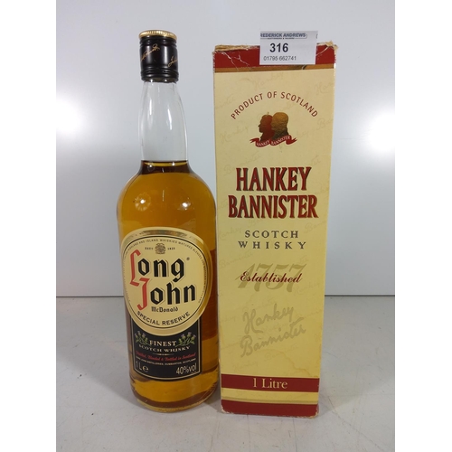 316 - A boxed bottle of Hanky bannister and bottle of Long John whisky