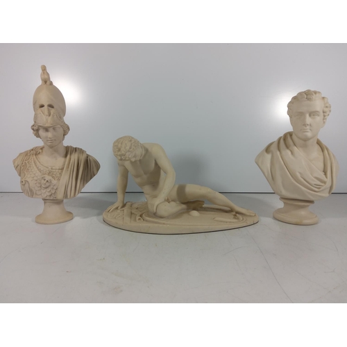 338 - Reconstituted marble figure of a man and bust of a lady + parian bust of a man