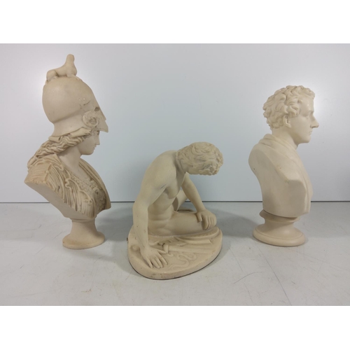 338 - Reconstituted marble figure of a man and bust of a lady + parian bust of a man