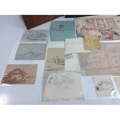 20 - 2 wooden boxes and a metal box containing sketches