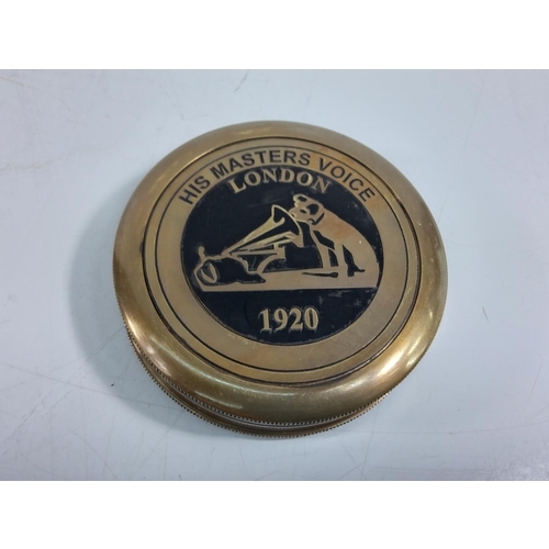 274 - Brass compass with HMV decoration, 8cms in diameter