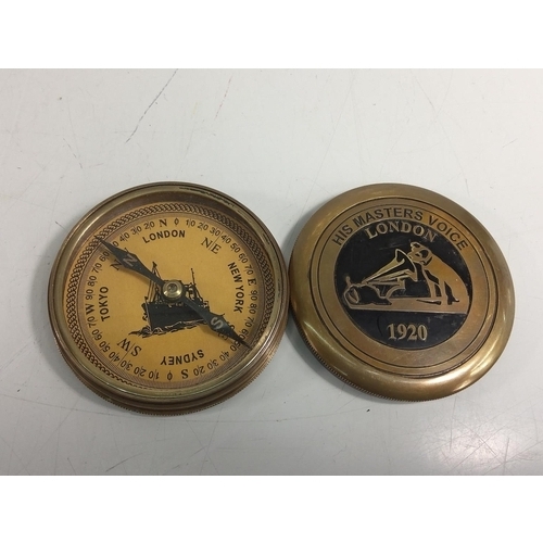 274 - Brass compass with HMV decoration, 8cms in diameter