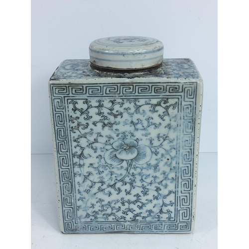 277 - Blue and white tea caddy, 17cms in height