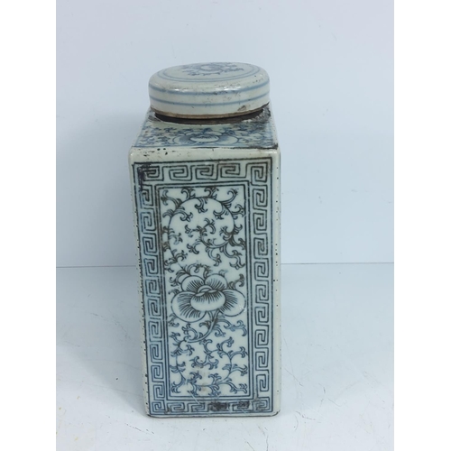 277 - Blue and white tea caddy, 17cms in height