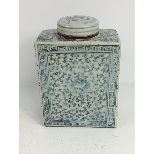 277 - Blue and white tea caddy, 17cms in height