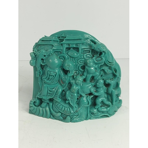 283 - Oriental blue figure of God and children, 12 x 14cms