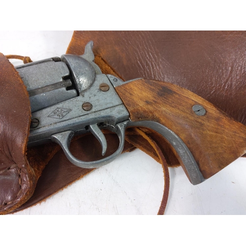 244 - Replica wood and metal colt Army revolver with leather holster and belt