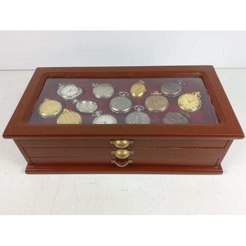 305 - 3 drawer display case containing 27 collectable pocket watches