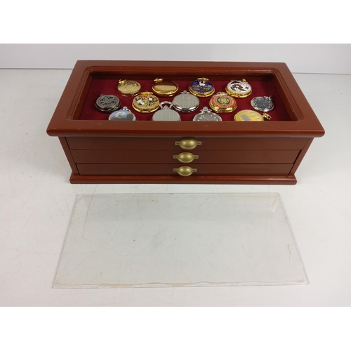 306 - 3 drawer display case containing 35 collectable pocket watches, lid needs glueing back into place as... 