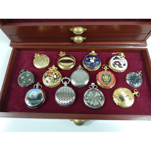 306 - 3 drawer display case containing 35 collectable pocket watches, lid needs glueing back into place as... 