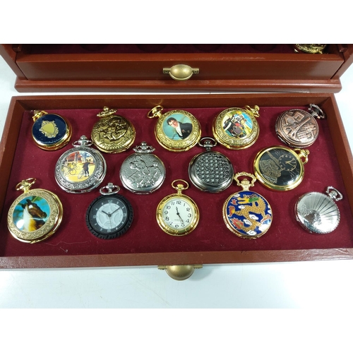 306 - 3 drawer display case containing 35 collectable pocket watches, lid needs glueing back into place as... 