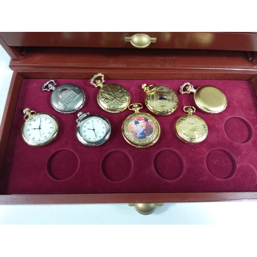 306 - 3 drawer display case containing 35 collectable pocket watches, lid needs glueing back into place as... 