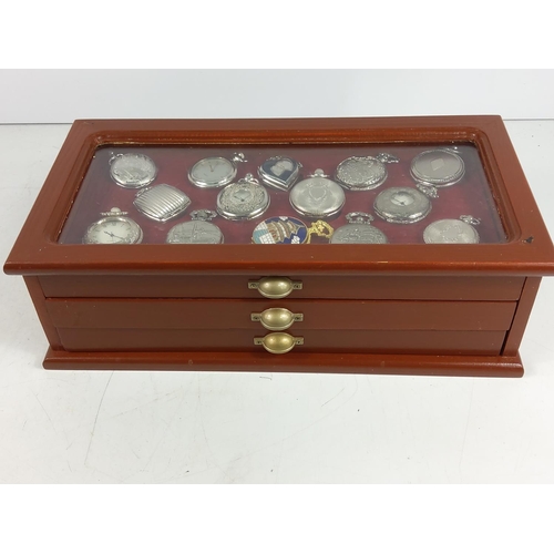 307 - 3 drawer display case containing 40 collectable pocket watches