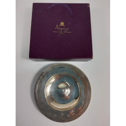 299 - Boxed Hallmarked silver Asprey pin dish, 120g