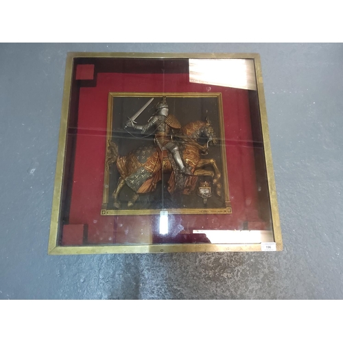 196 - Small brass bound table with Edward III on horseback inlaid, 59 x 59 x 37cms (one leg wobbles)