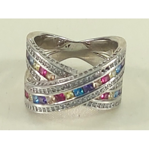 164 - Silver multi stone set crossover ring, 9.6g, size P