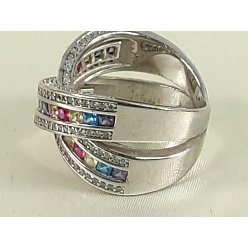 164 - Silver multi stone set crossover ring, 9.6g, size P