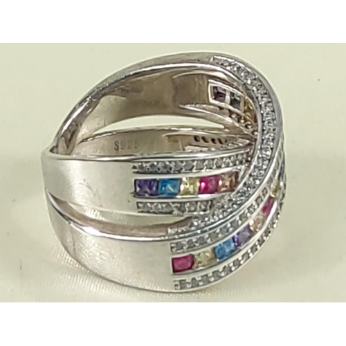 164 - Silver multi stone set crossover ring, 9.6g, size P