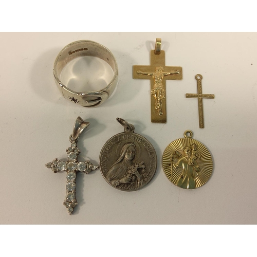 184 - 9ct gold cross and St Christopher (2.9g), silver buckle ring (5.9g), coin and cross and one other cr... 