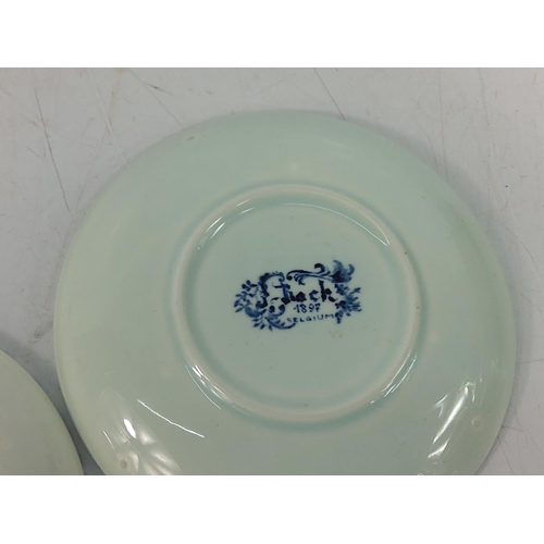 66 - Large white porcelain entre dish, 37cms in diameter and 5 blue and white plates, 11cms in diameter