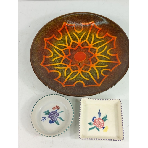 76 - 1970's Poole plate, 27cms in diameter and 2 pin dishes, 10 x 10cms and 10cms in diameter