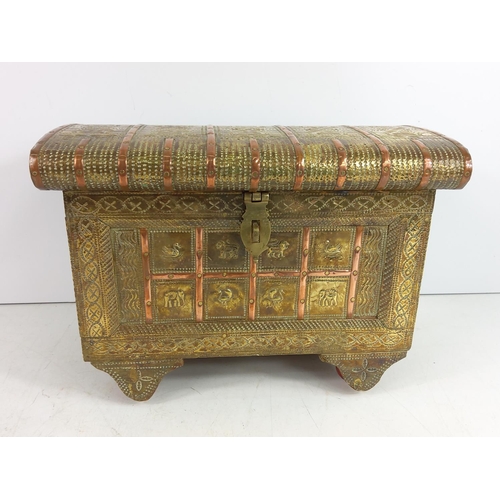 80 - Copper and brass jewellery box in the form of a dowry chest, 28 x 21 x 18cms