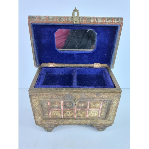 80 - Copper and brass jewellery box in the form of a dowry chest, 28 x 21 x 18cms