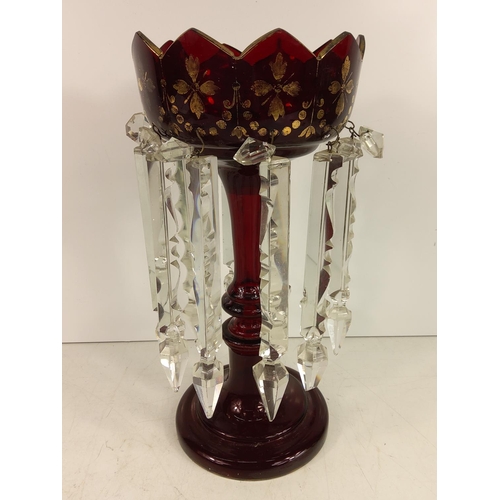 83 - Antique ruby glass lustre centrepiece, 32cms in height & 16cms in diameter