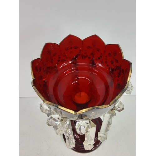 83 - Antique ruby glass lustre centrepiece, 32cms in height & 16cms in diameter