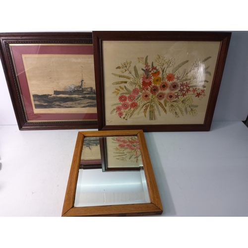 60 - Embroidery, Ship picture and mirror, largest being 66 x 51cms