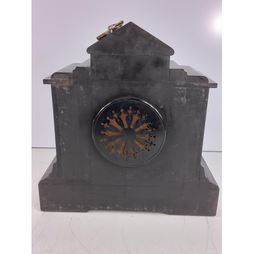 128 - Slate mantel clock, 31 x 33 x 15cms