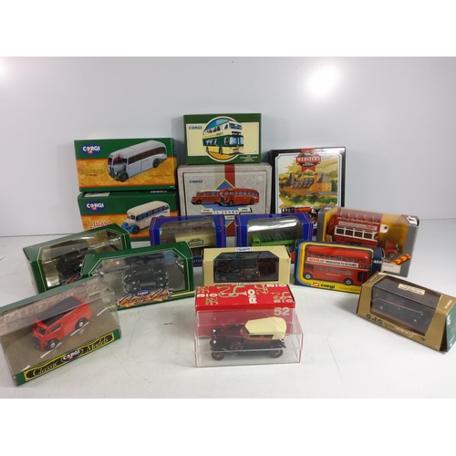 47 - 5 boxed Corgi model buses and 11 various model vehicles