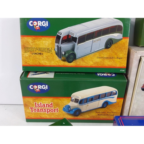 47 - 5 boxed Corgi model buses and 11 various model vehicles