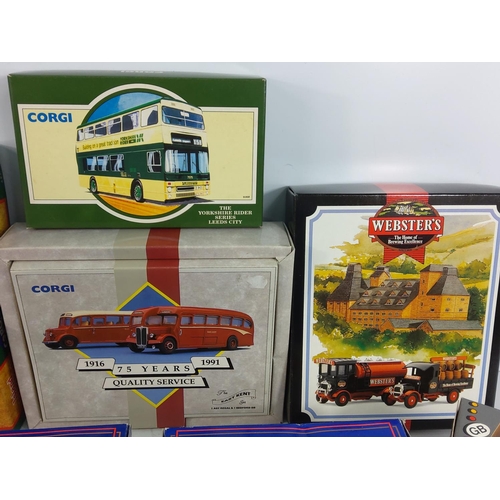 47 - 5 boxed Corgi model buses and 11 various model vehicles