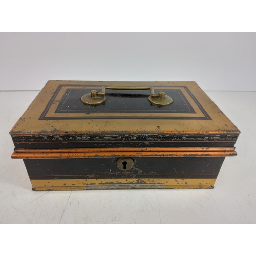 89 - Dutch marquetry tray, cased tankard and cash tin