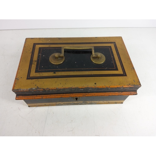 89 - Dutch marquetry tray, cased tankard and cash tin