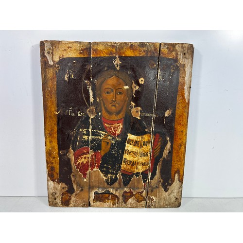 75 - Antique russian Oil painted Icon on pine with original brace bars, 30 x 26cms