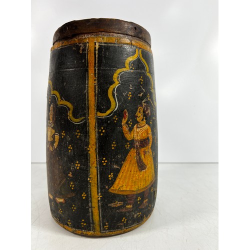 24 - Antique eastern decorated wooden pot, 21cms in height