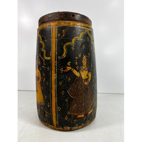 24 - Antique eastern decorated wooden pot, 21cms in height