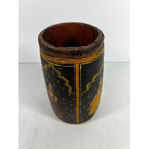 24 - Antique eastern decorated wooden pot, 21cms in height