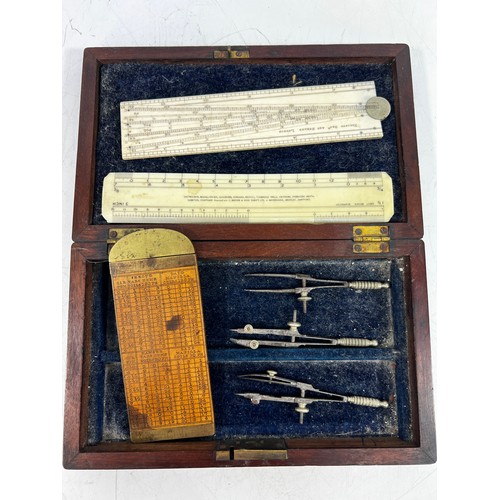 77 - Antique wooden box with vintage drawing items and rulers, and 2 round wooden snuff boxes and antique... 