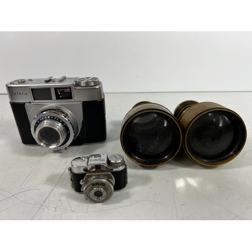 79 - vintage Zeiss Icon cased camera, miniature Mycro IIIA and pair of brass binoculars