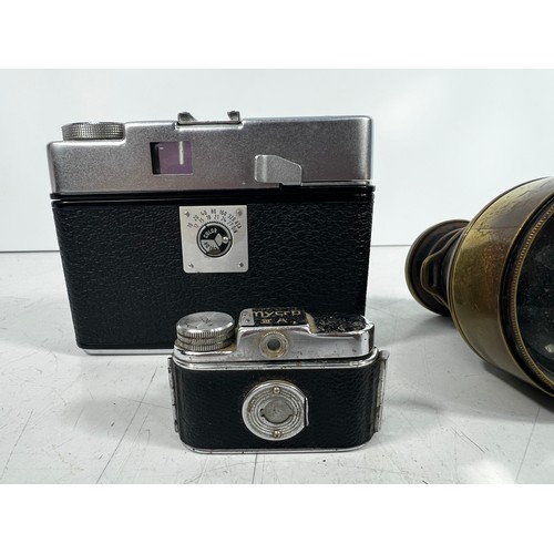 79 - vintage Zeiss Icon cased camera, miniature Mycro IIIA and pair of brass binoculars