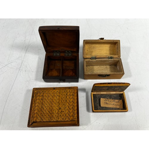 26 - Antique wooden calculator, stamp box, snuff box and mauchlin ware box